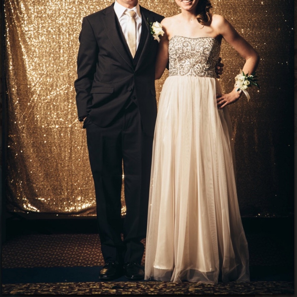 Champagne prom dress with silver beading